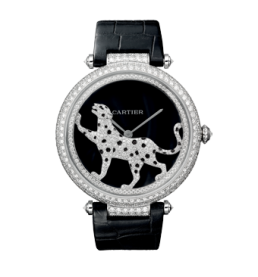Cartier Baignoire Cartier watch set with diamonds on a leather strap.